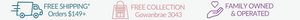 Three icons with text indicating free shipping, free collection, and family ownership on a white background.